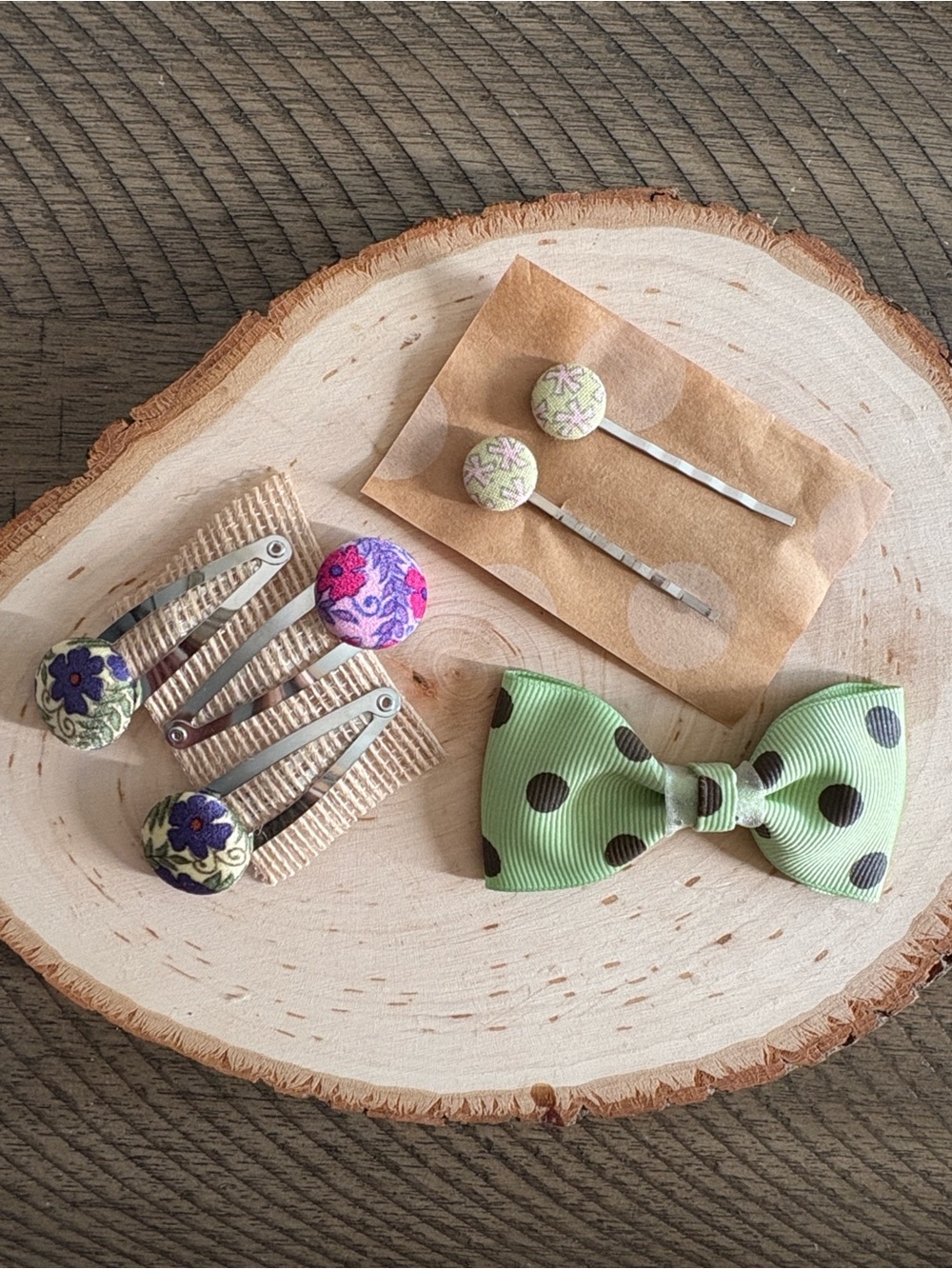 Green Polka Dot Bow Hair Clip and Floral Button Bobby Pin Set
